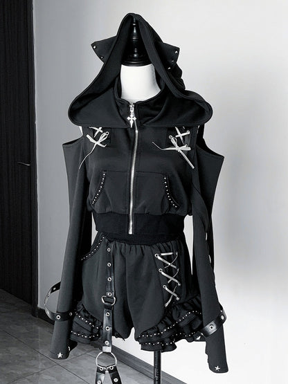Matte Gothic Jirai-kei Black 2-Piece Set Cat Ear Hooded Cutout Shoulder Top + Shorts with Leg Garter - Bug Starting