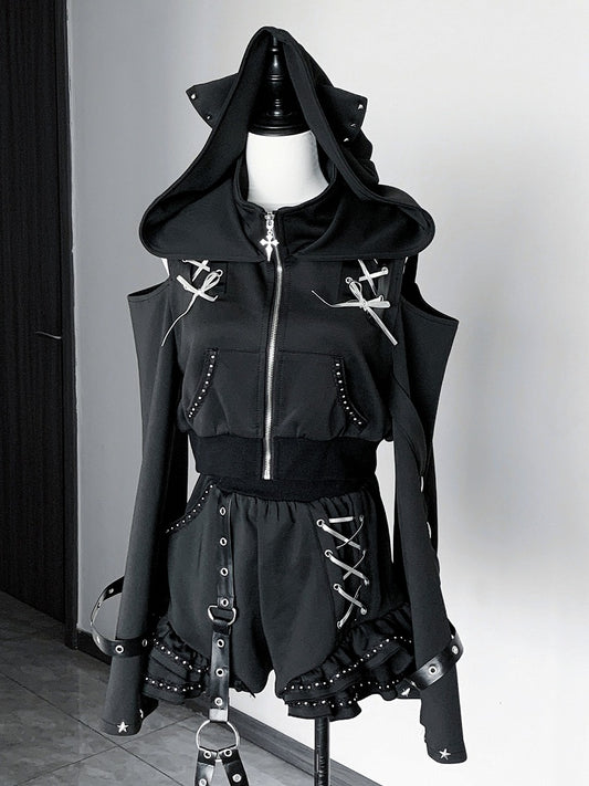 Matte Gothic Jirai-kei Black 2-Piece Set Cat Ear Hooded Cutout Shoulder Top + Shorts with Leg Garter - Bug Starting
