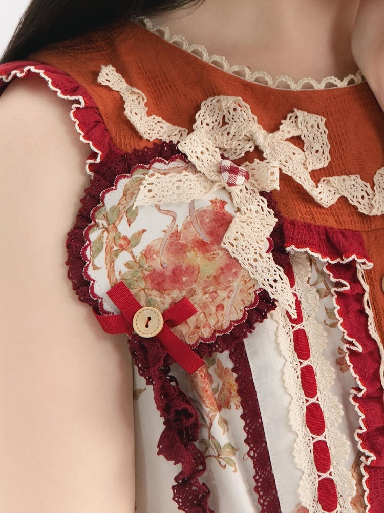 Adorned Brooch with Red Pomegranate Bow and Lace Print