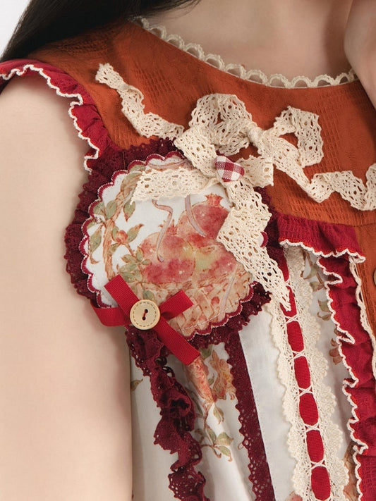 Adorned Brooch with Red Pomegranate Bow and Lace Print