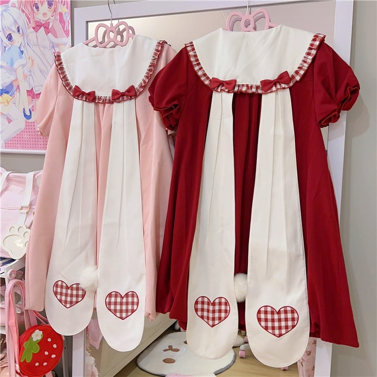 ワインレッドのバニー耳ピーターパンカラーバブルスカートドレス