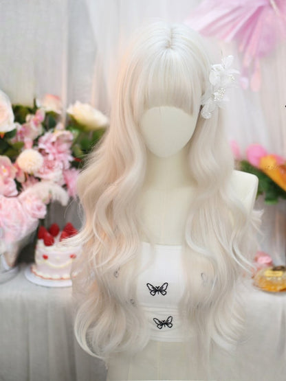 Creamy White Under Bust Length Wavy Wig with Full Bangs