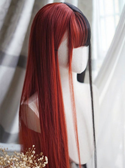 Rot-schwarze, geteilte, hüftlange, glatte Perücke mit vollem Pony