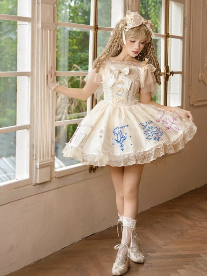 Dress Champagne Embroidered Zodiac with Butterfly Sleeves Tulle Lolita