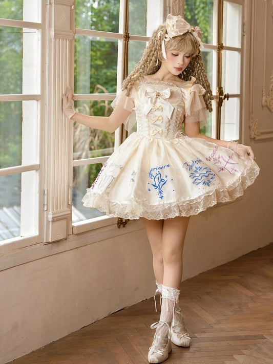 Dress Champagne Embroidered Zodiac with Butterfly Sleeves Tulle Lolita