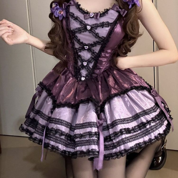 Black Dress Fluffy Waist Lolita Purple Accents with Sweet Basque Bow