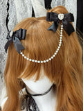 Black Bead Decorated Heart Two Chain Rhinestone Hairclips Bowknot