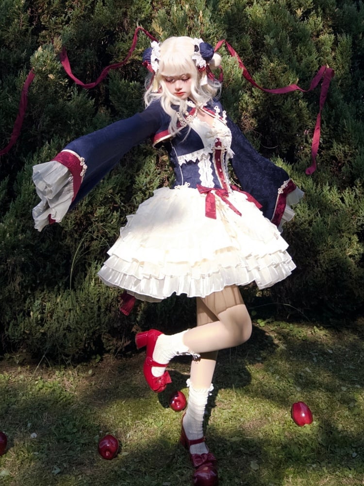 ダークブルーとレッドのドローストリングティアードフリルジャンパースカートセット