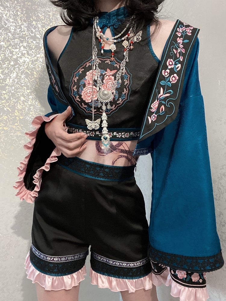 with Embroidery Floral Cheongsam Button Cropped Top Frog Sleeveless Collar and Cutout