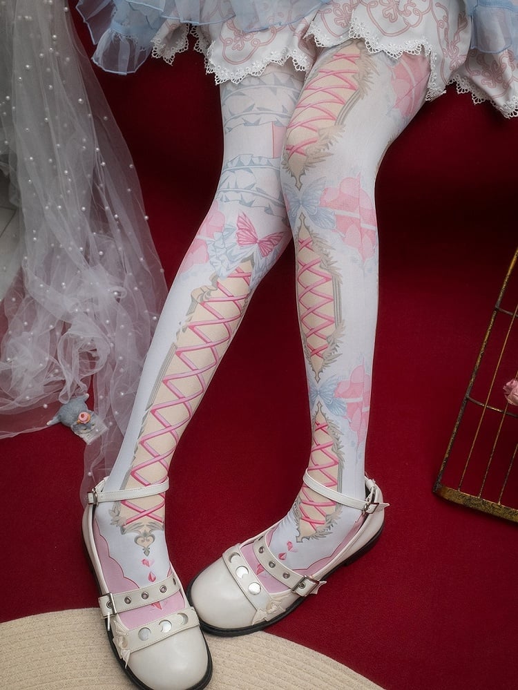 バタフライプリントのクリスクロスバンドタイツとアシンメトリーのピンク/ブルー/ブラック/イエロー/レッド