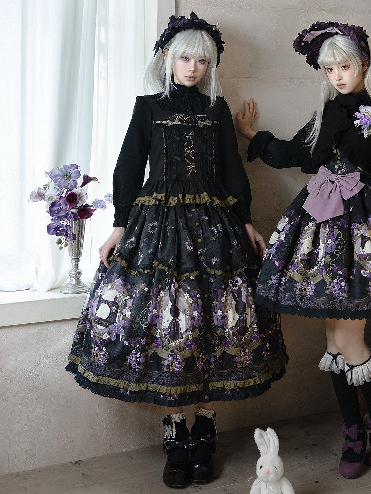 Lolita Set + Embroidery Floral Top Skirt Hairband Print Full Apron Jacquard Bow