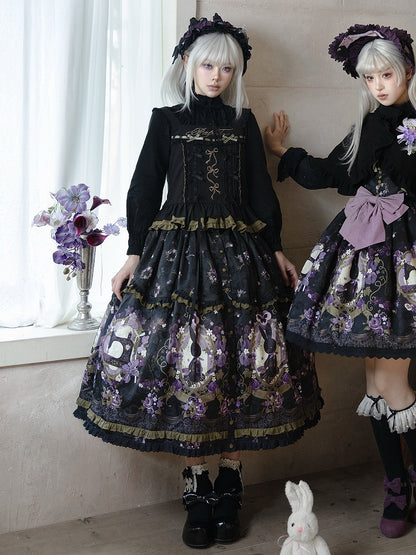 Lolita Set + Embroidery Floral Top Skirt Hairband Print Full Apron Jacquard Bow