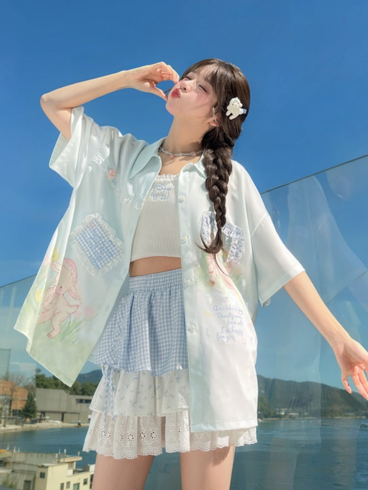 チェック柄アップリケ ラムプリント ライトグリーン シフォン レーストリム シャツ