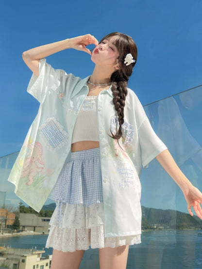 チェック柄アップリケ ラムプリント ライトグリーン シフォン レーストリム シャツ