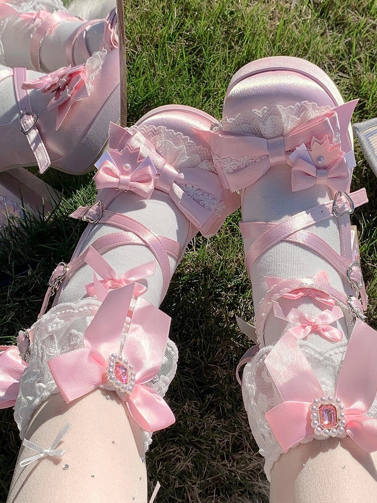 Details Crisscross - Embroidered High Pink with Platform Bow Design Floral Lolita Heel Sweet Block Shoes
