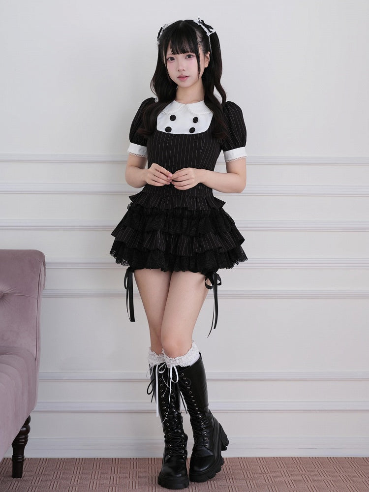 Black Striped Two-piece Set - Peter Pan Collar Top + Lace Ruffle Tiered Skirt - Jirai-Kei - No Genki