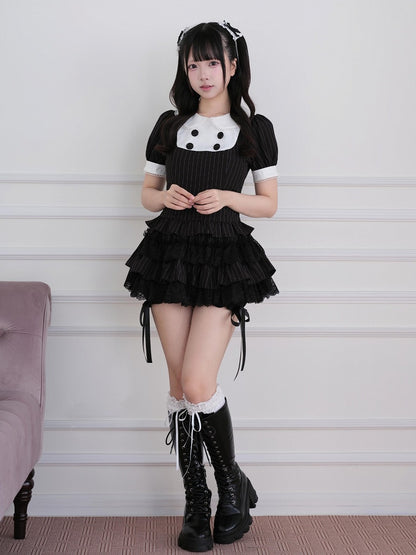 Black Striped Two-piece Set - Peter Pan Collar Top + Lace Ruffle Tiered Skirt - Jirai-Kei - No Genki