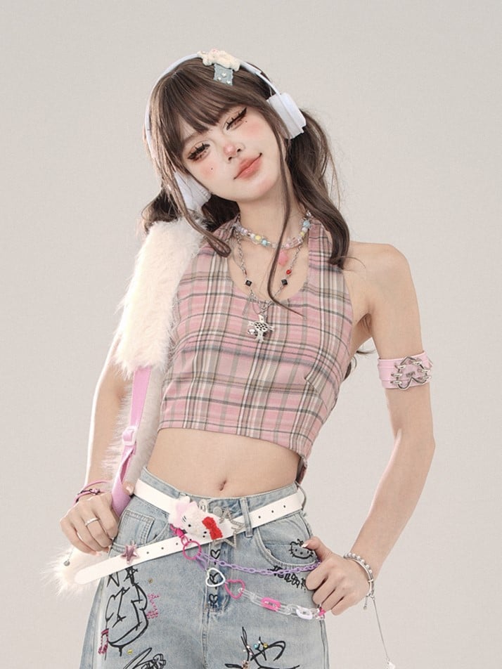 Halter Pink Plaid Delicate Top Crop Tank