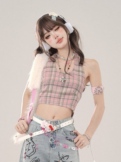 Halter Pink Plaid Delicate Top Crop Tank