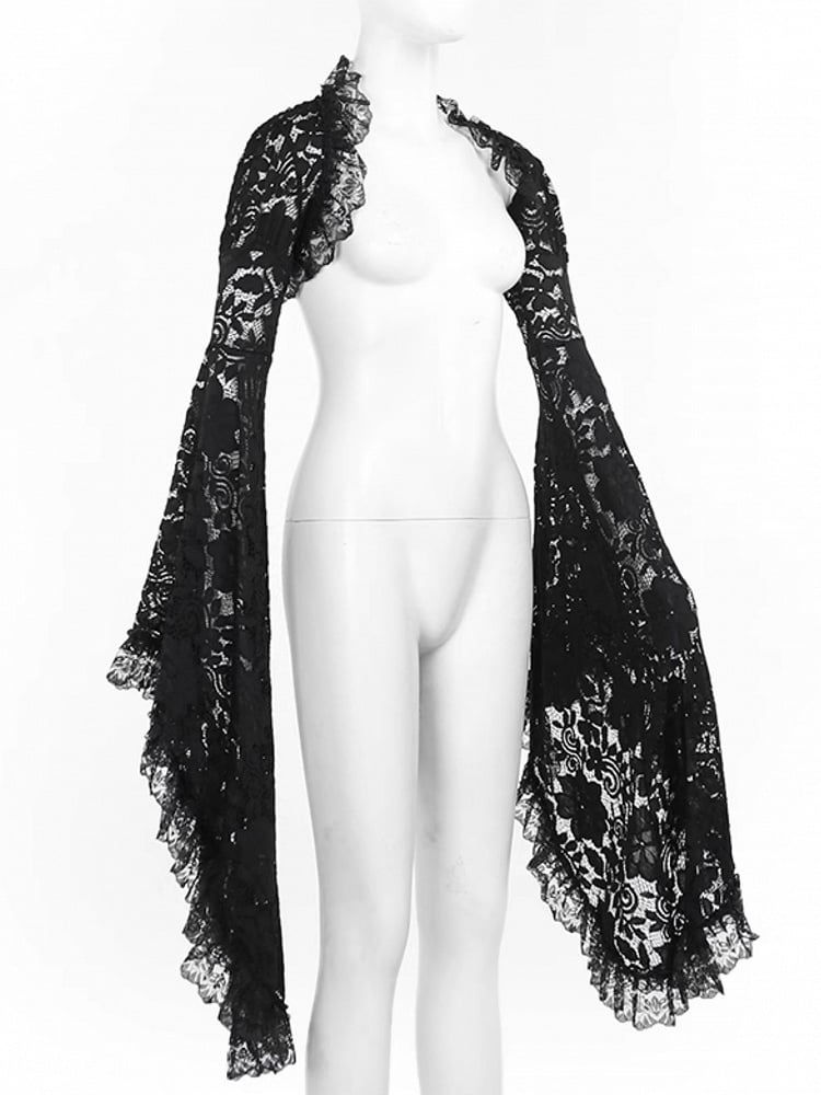 Black Lace Shrug Embroidery Sleeve Floral Trim Bell Gothic Halloween with