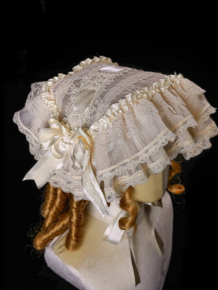 Retro Lolita Beige Lace Headpiece with Satin Ribbon - Twin Bear Original Design