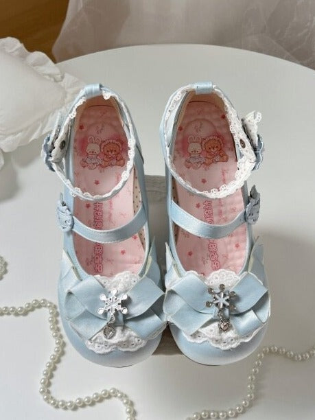 Blue Winter Embossed Transparent Heel Shoes with Heart Buckle - Vintage Sweetheart