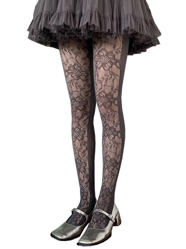 葉と花柄レースタイツフィッシュネット
