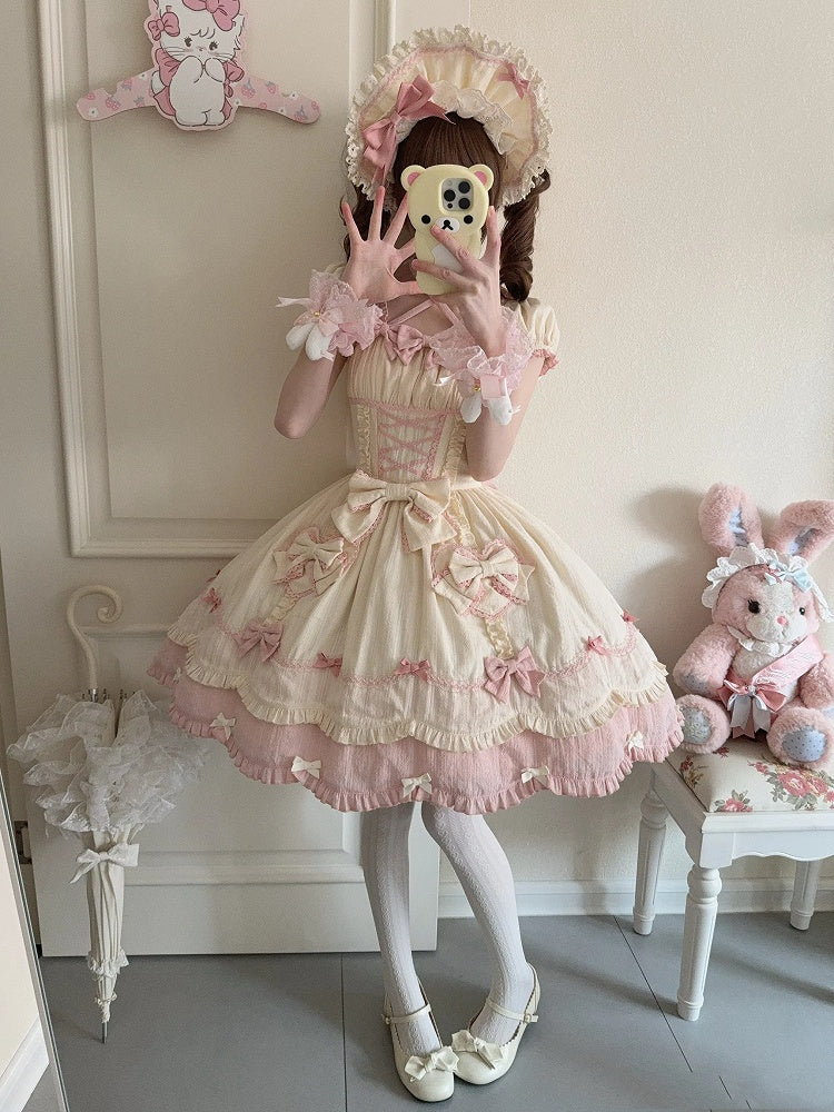 Scalloped Edge Scool Lolita Cotton Yellow Skirt Accents Pink Dress and Bow Old Trim