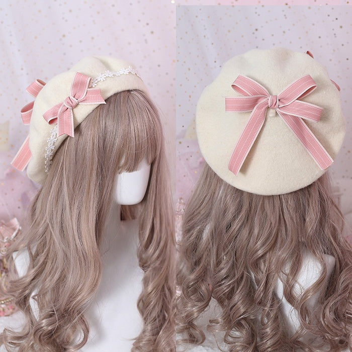 Lolita Off-White Cute Decorations Daisy Pink Beret / Dark With Bowknot Blue