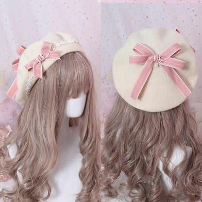 Lolita Off-White Cute Decorations Daisy Pink Beret / Dark With Bowknot Blue