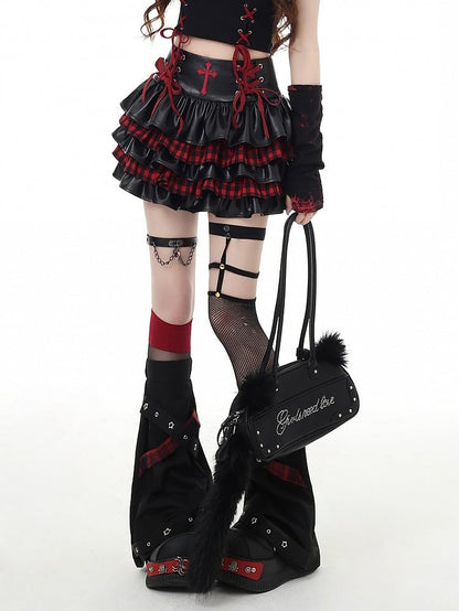 PU Tiered Plaid Punk Red Mini Black Skirt with Lacing Crisscross