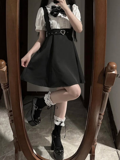 Faux White Jirai Heart Colorblock Dress Bow Kei Tie Belt Overall Black Buckle Detachable with