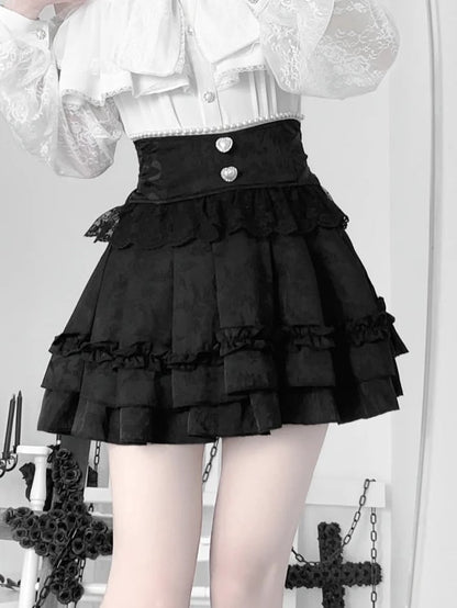 Jirai Tiered Skirtwith LaceBead Decorations|Elegant Jacquard Kei Style Black