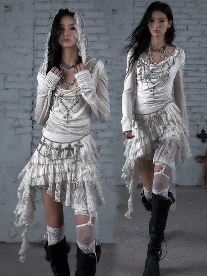 Chain Dress Cross Punk Black/Beige Beaded Wasteland Trim Print Lace