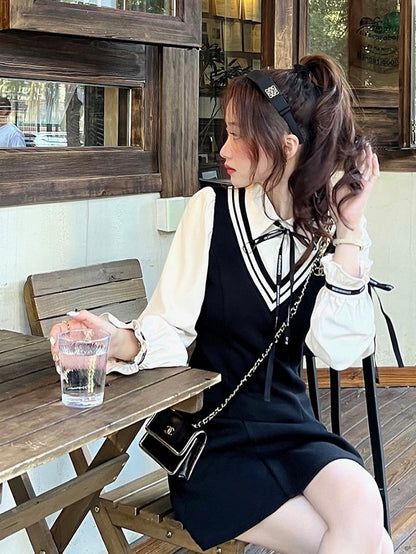 Black Fake Two Piece Polo Collar Dress with Bow - Qchiwawameme