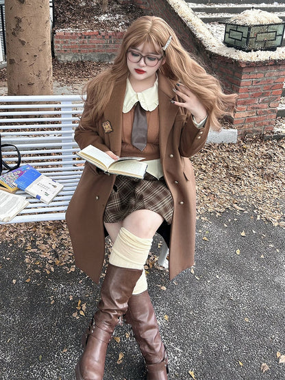 Plus Size Plaid White Skirt Brown / Shirt Pleated Preppy