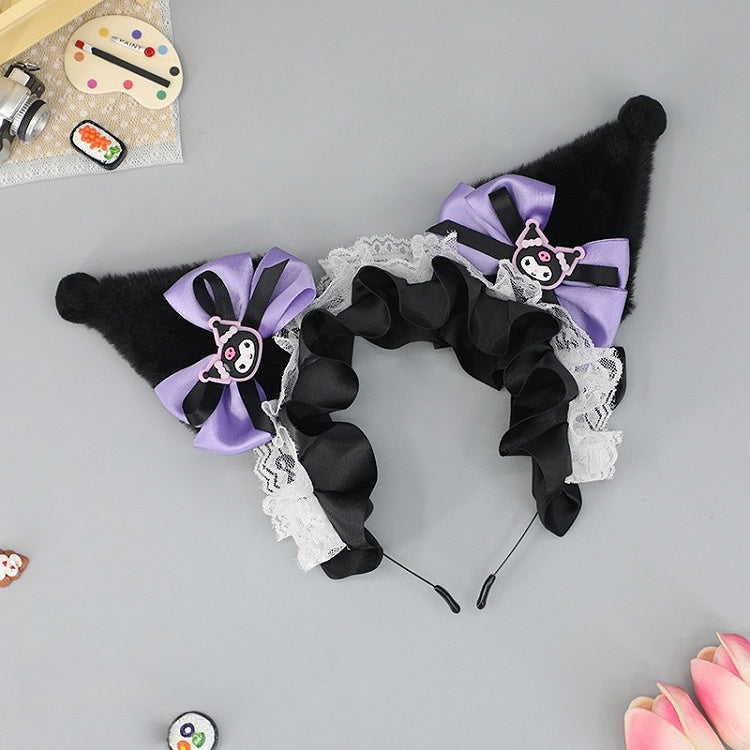 Faux Decorated Sweet Bow KC Kitty Ears Lolita Cartoon with Lace Fur Purple Black