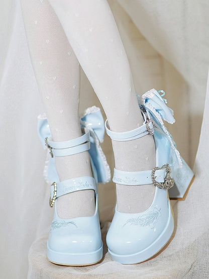 Lace-trimmed Jane High-heel at Shoes Bow Back with Lolita Blue Polished Elegant Mary