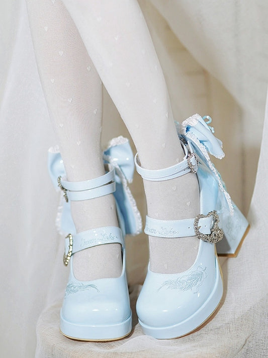 Lace-trimmed Jane High-heel at Shoes Bow Back with Lolita Blue Polished Elegant Mary