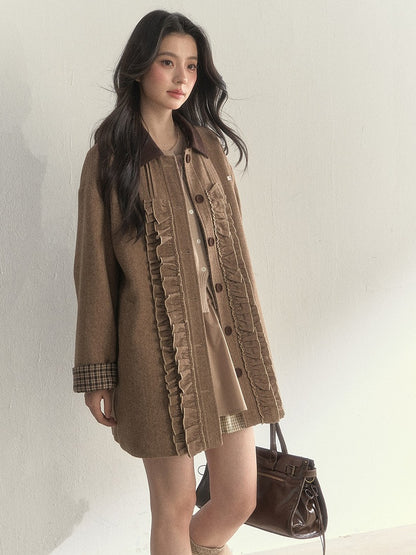 Brown Cuffs with Plaid Coat Sweet Details Ruched Houndstooth