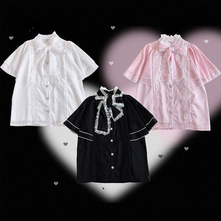 レースネックライン ジライ ブラック/ピンク/ホワイト ショールブラウス kei セルフタイ ボウトリム シフォン