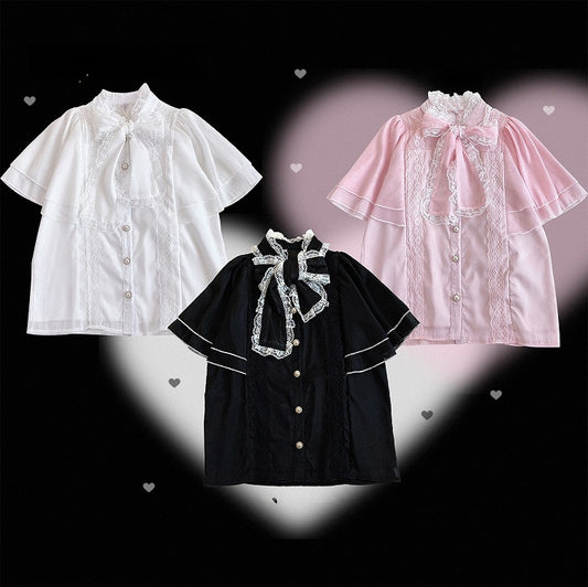 レースネックライン ジライ ブラック/ピンク/ホワイト ショールブラウス kei セルフタイ ボウトリム シフォン