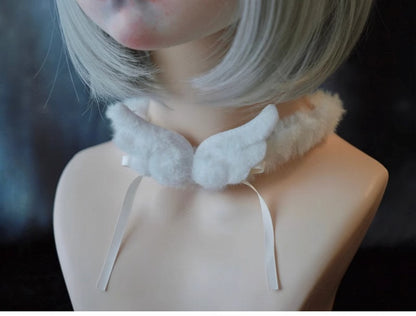 White Angel Wing Bow Plush Choker