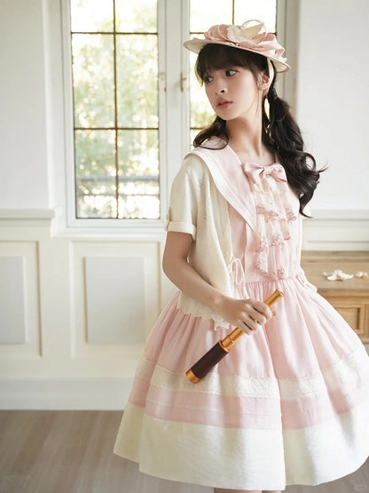 Trims Lolita Accent Beige Pink with Lace Dress and Collar Sailor Bow