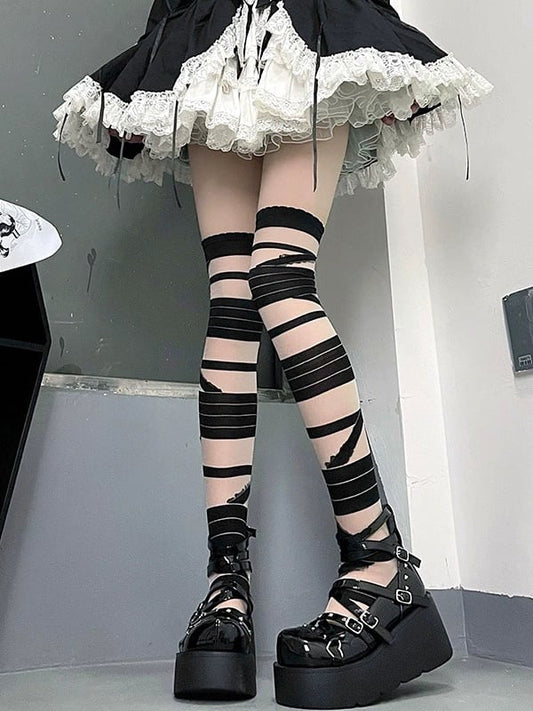 Blue/White/Black Design Stockings Strappy Y2K