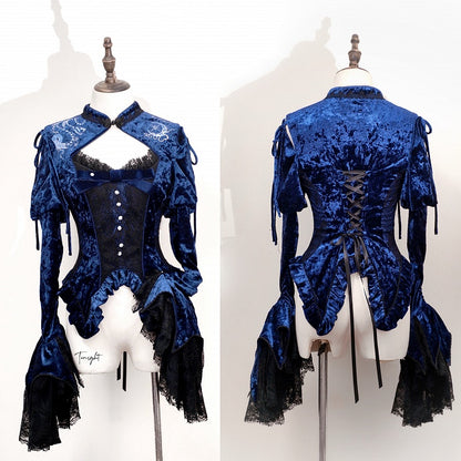 Dunkelblaues, abnehmbares Samtoberteil mit langen Glockenärmeln und Schlangenknochen-Stickerei