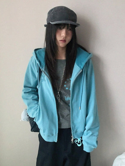 Retro Fall Blue Hooded Zip Jacket with Gecko Motif and Striped Accents - innomoood