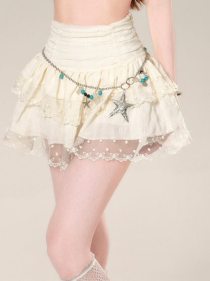 ウエストハイアプリコットスカートメッシュレーストリムグラマラスティアードミニ