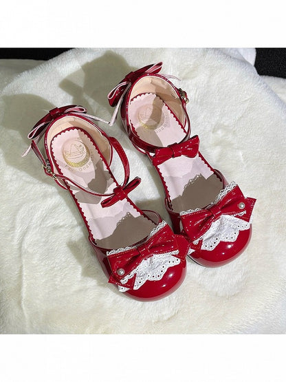 Red Bow Lace Round-Toe Low Heels with Heart Buckle - Fairy Godmother