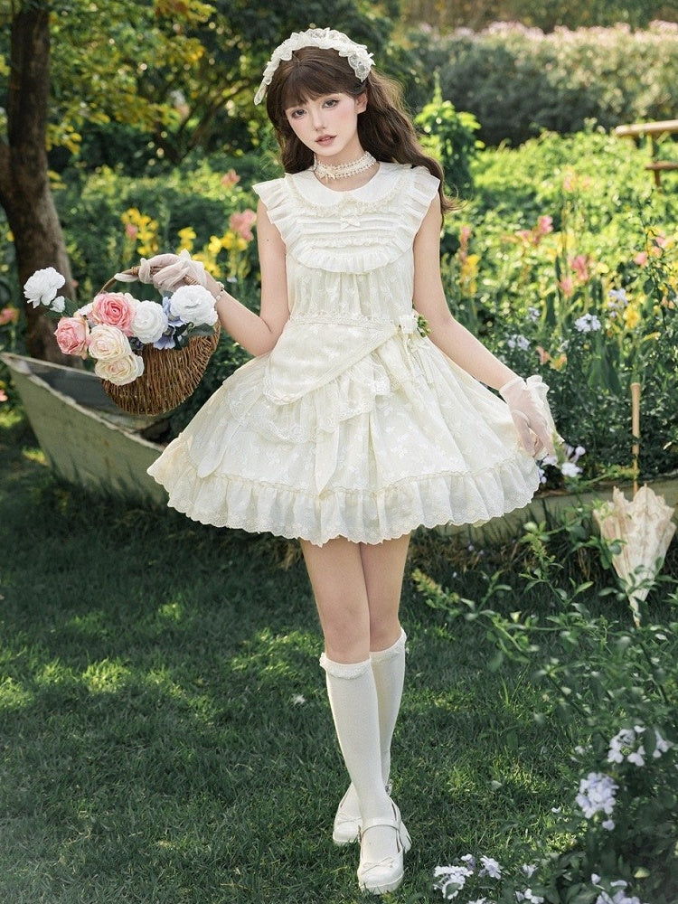 Butterfly Lolita Peter OP Spitze Creme Set Voll gepatchter Pan Kleid Kragen